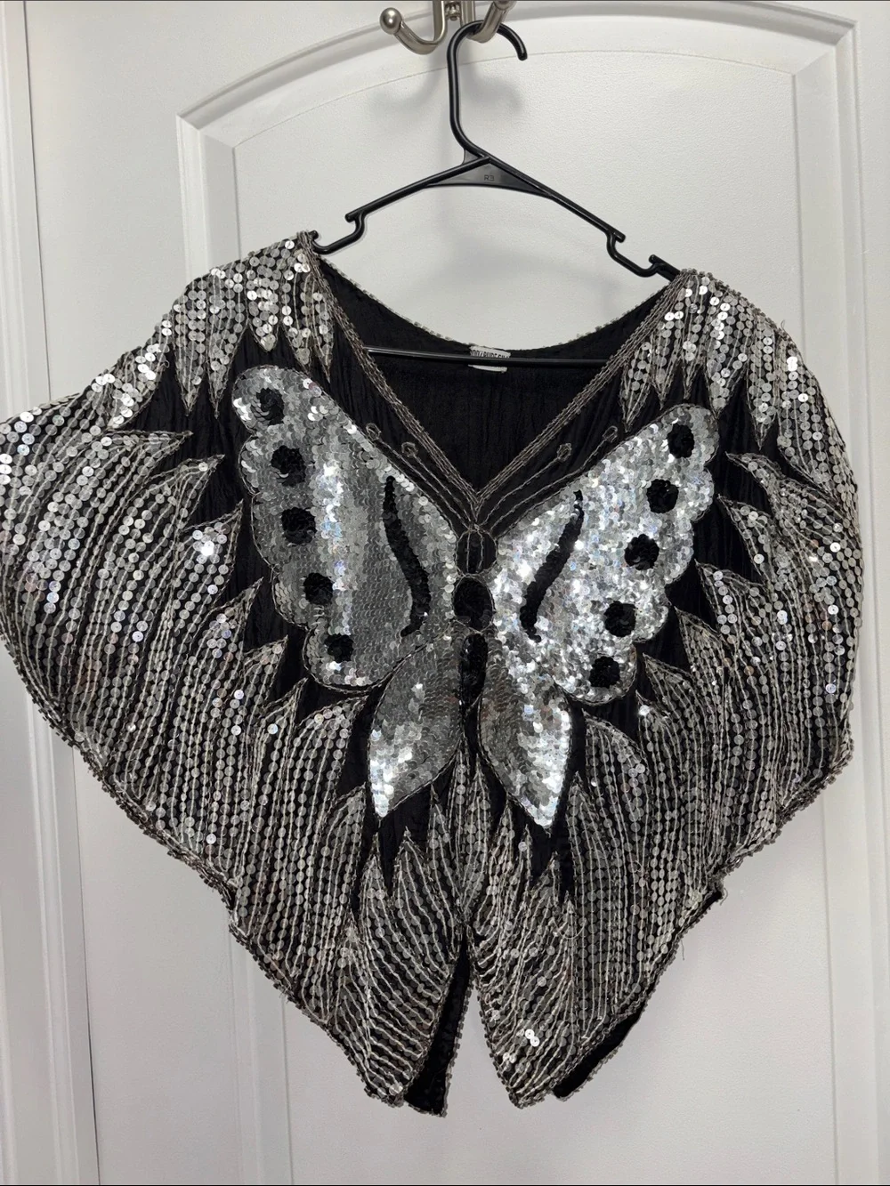 Vintage Silk Black Sheer Sequin Butterfly Poncho Top Beaded Batwing Festival